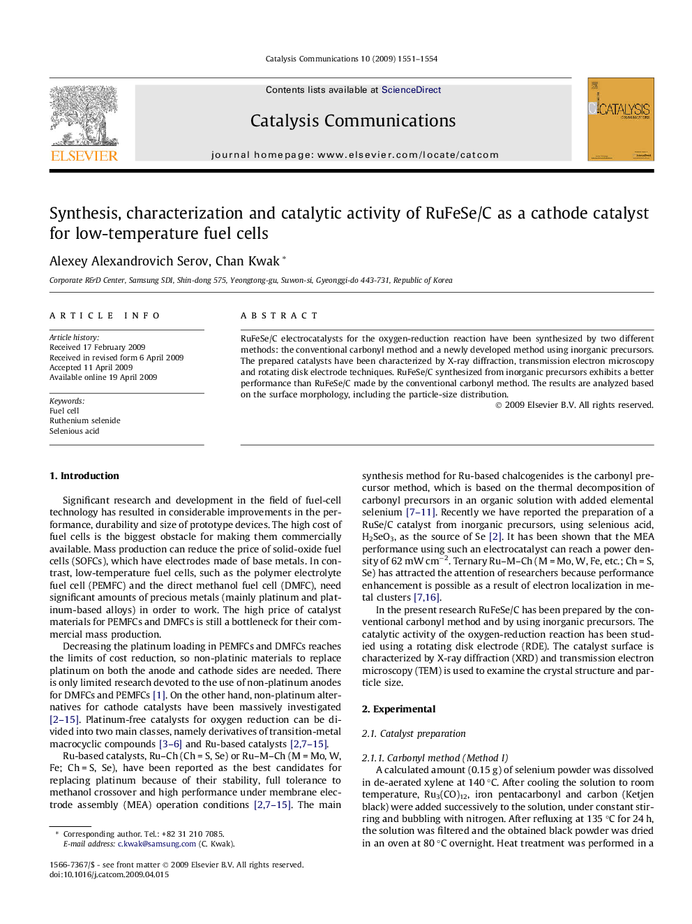 Synthesis, characterization and catalytic activity of RuFeSe/C as a cathode catalyst for low-temperature fuel cells