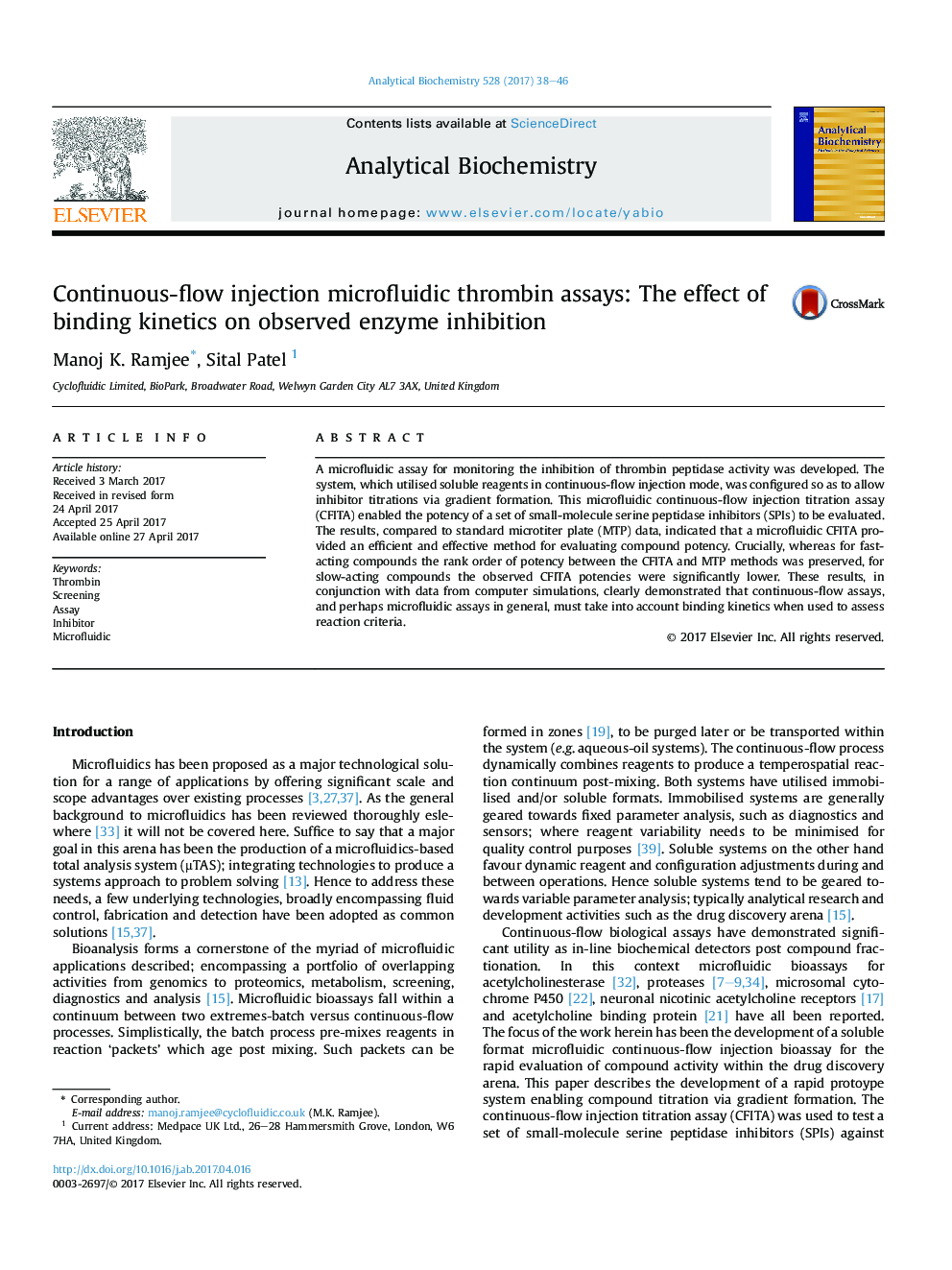 Continuous-flow injection microfluidic thrombin assays: The effect of binding kinetics on observed enzyme inhibition