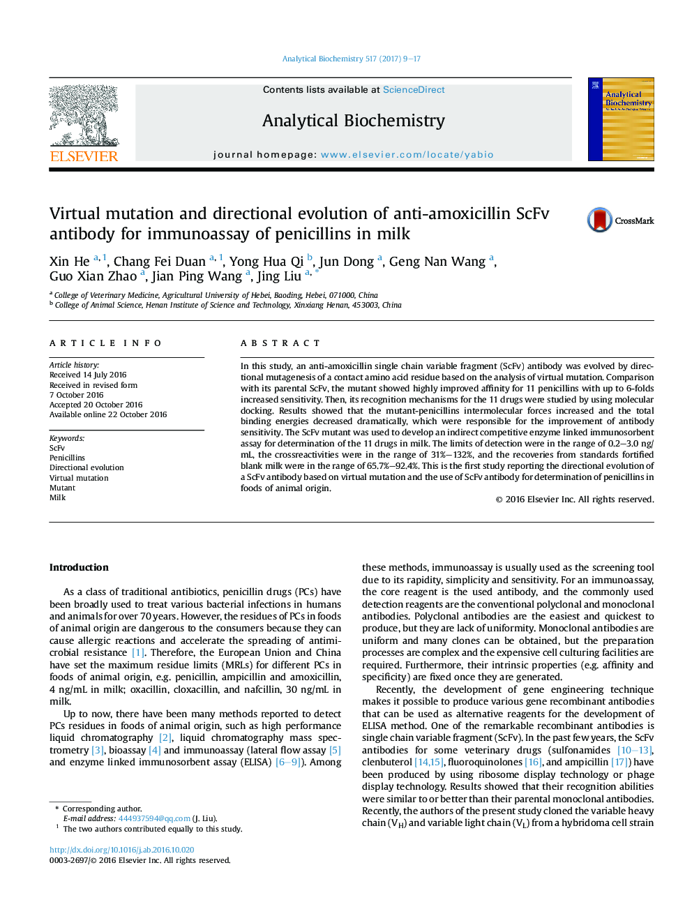 Virtual mutation and directional evolution of anti-amoxicillin ScFv antibody for immunoassay of penicillins in milk