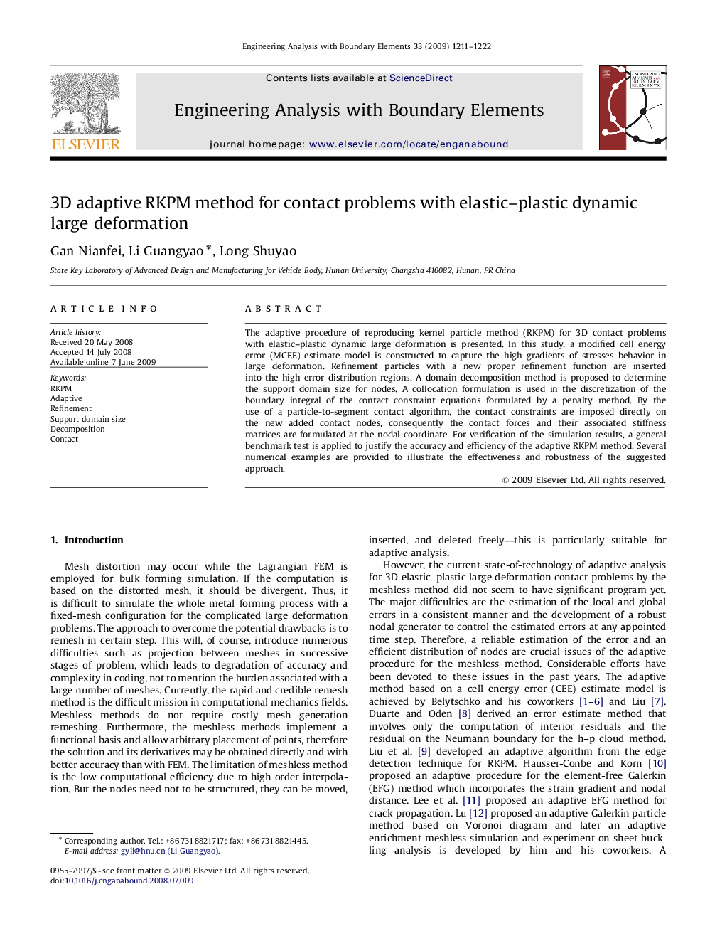 3D adaptive RKPM method for contact problems with elastic–plastic dynamic large deformation