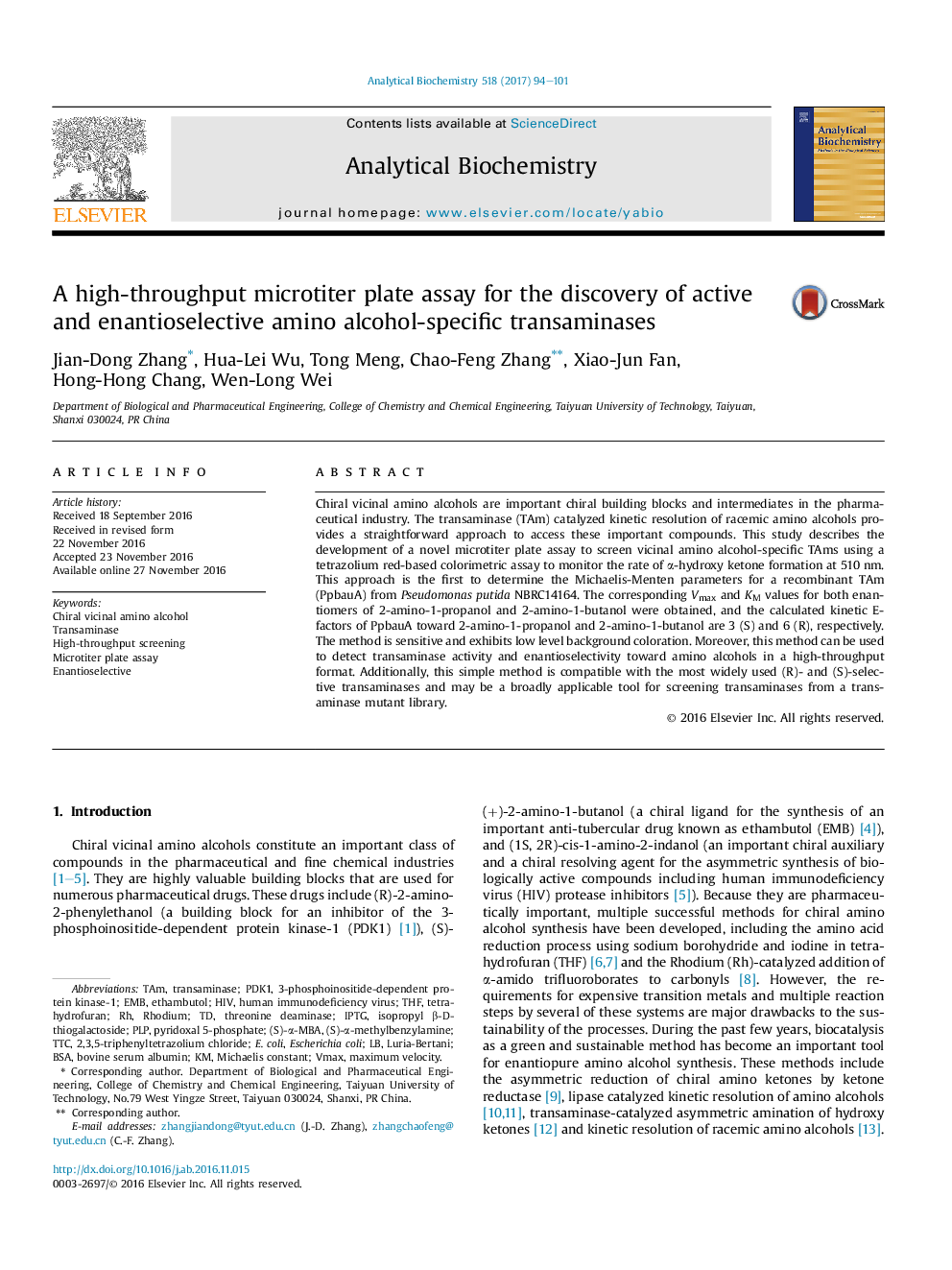 A high-throughput microtiter plate assay for the discovery of active and enantioselective amino alcohol-specific transaminases