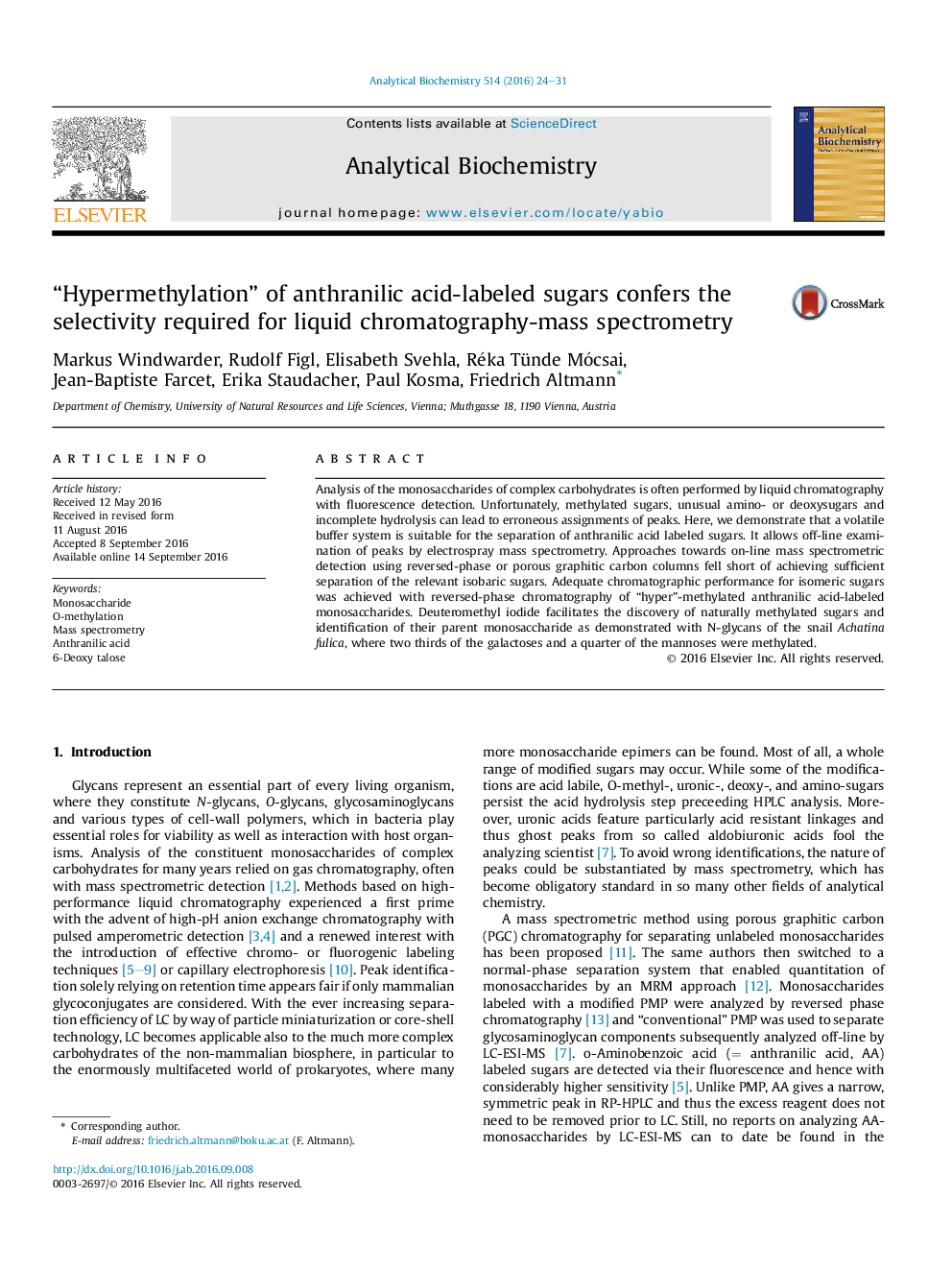 “Hypermethylation” of anthranilic acid-labeled sugars confers the selectivity required for liquid chromatography-mass spectrometry