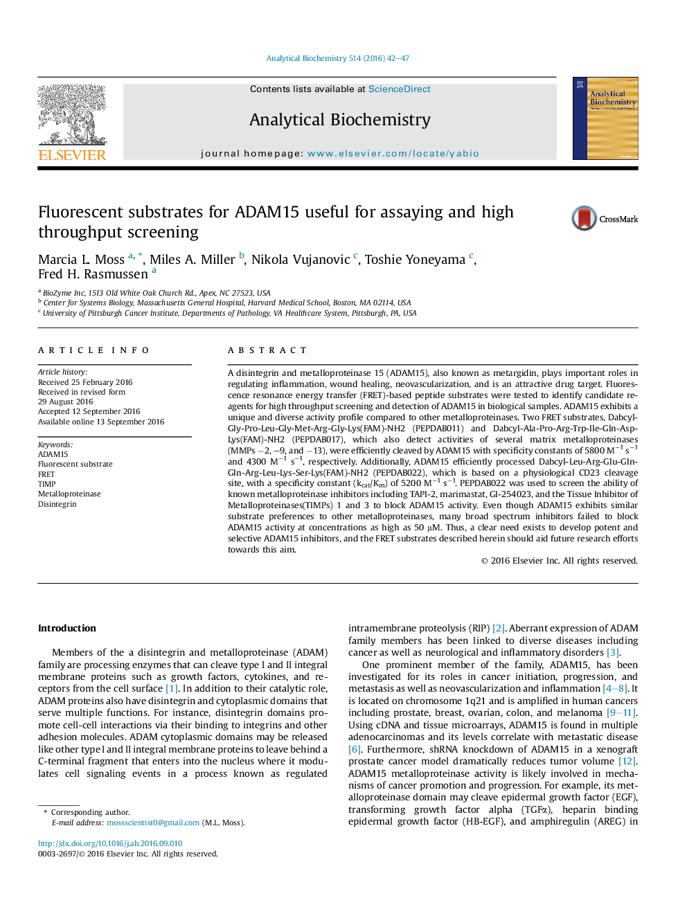 Fluorescent substrates for ADAM15 useful for assaying and high throughput screening