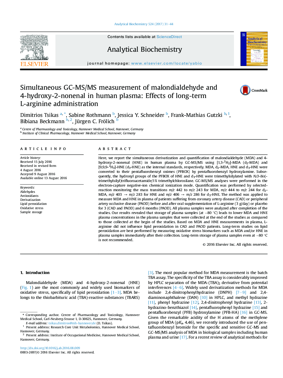 Simultaneous GC-MS/MS measurement of malondialdehyde and 4-hydroxy-2-nonenal in human plasma: Effects of long-term L-arginine administration