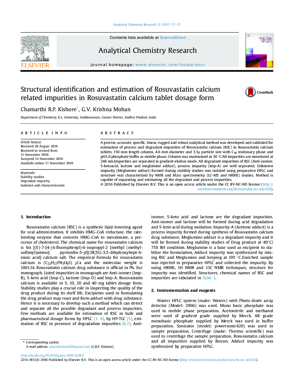 Structural identification and estimation of Rosuvastatin calcium related impurities in Rosuvastatin calcium tablet dosage form