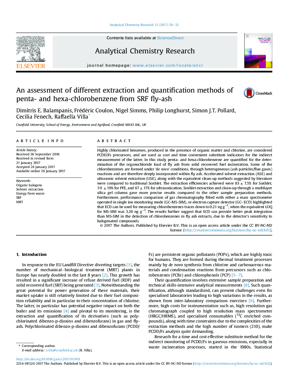 An assessment of different extraction and quantification methods of penta- and hexa-chlorobenzene from SRF fly-ash