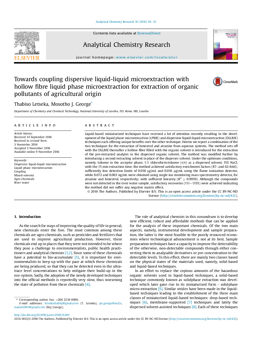 Towards coupling dispersive liquid-liquid microextraction with hollow fibre liquid phase microextraction for extraction of organic pollutants of agricultural origin