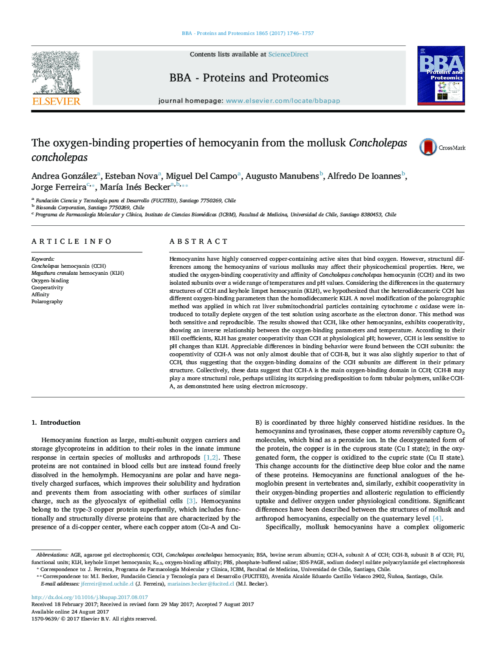 The oxygen-binding properties of hemocyanin from the mollusk Concholepas concholepas