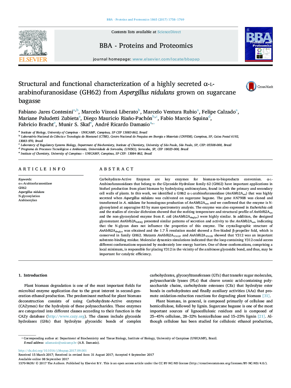 Structural and functional characterization of a highly secreted Î±-l-arabinofuranosidase (GH62) from Aspergillus nidulans grown on sugarcane bagasse