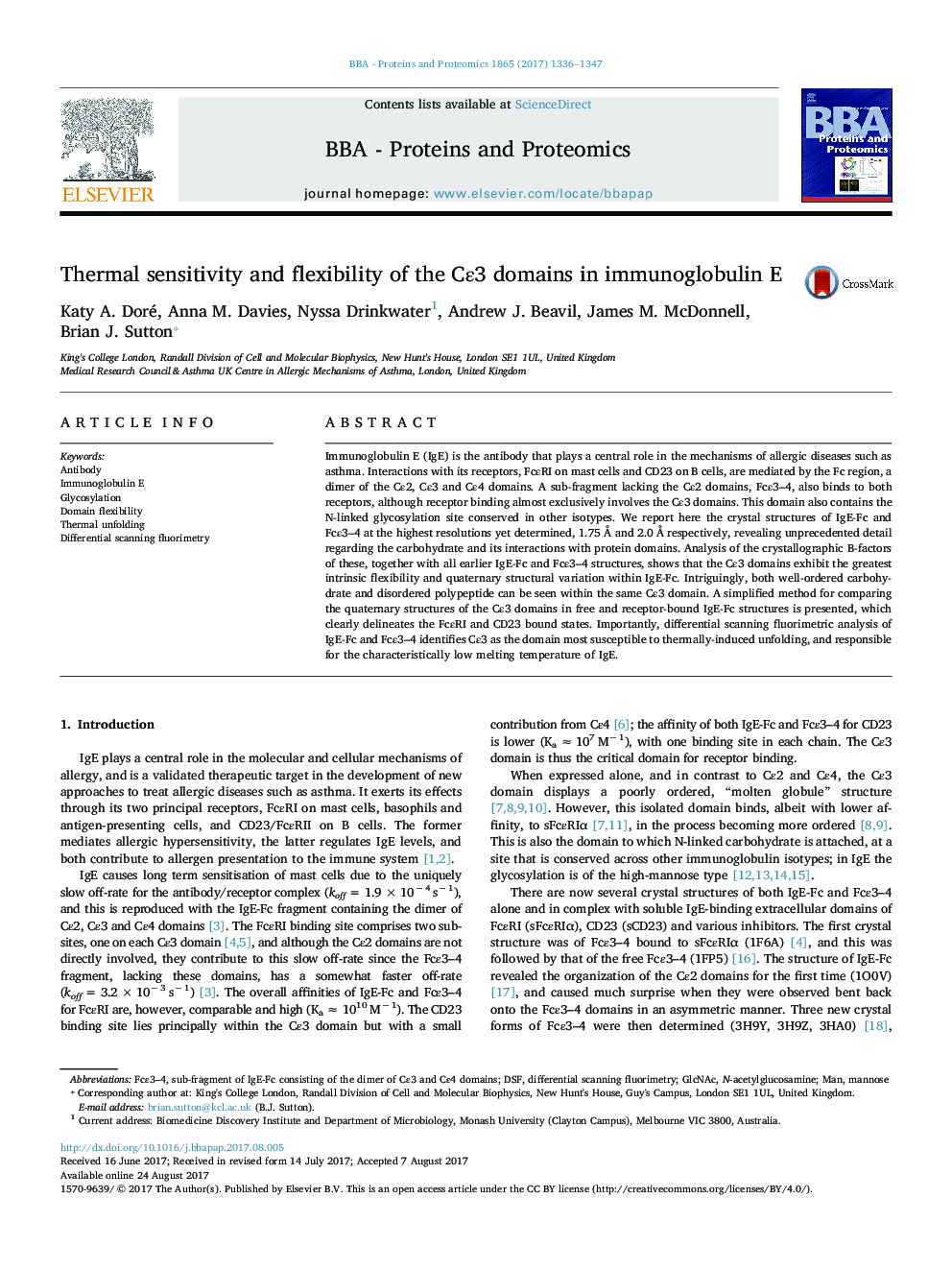 Thermal sensitivity and flexibility of the CÎµ3 domains in immunoglobulin E