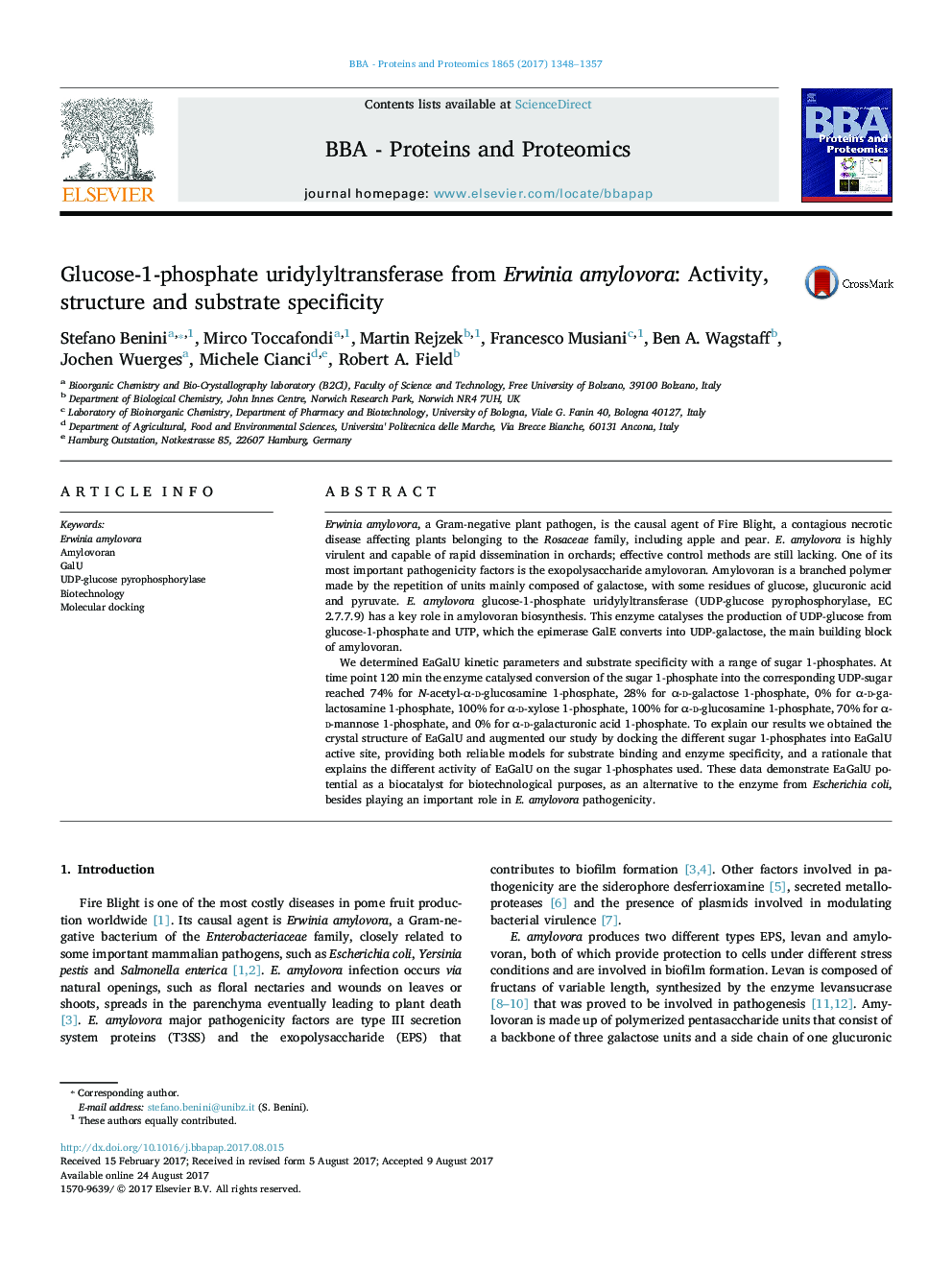 Glucose-1-phosphate uridylyltransferase from Erwinia amylovora: Activity, structure and substrate specificity