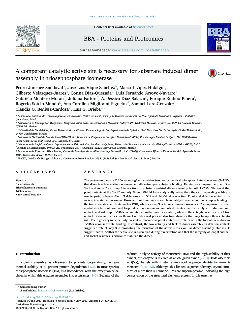 A competent catalytic active site is necessary for substrate induced dimer assembly in triosephosphate isomerase