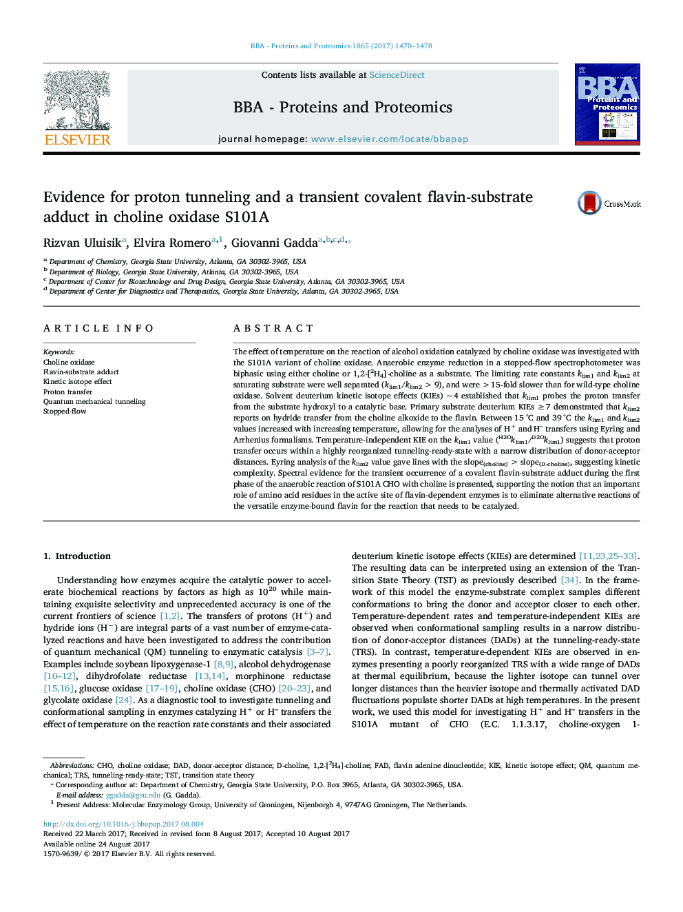 Evidence for proton tunneling and a transient covalent flavin-substrate adduct in choline oxidase S101A