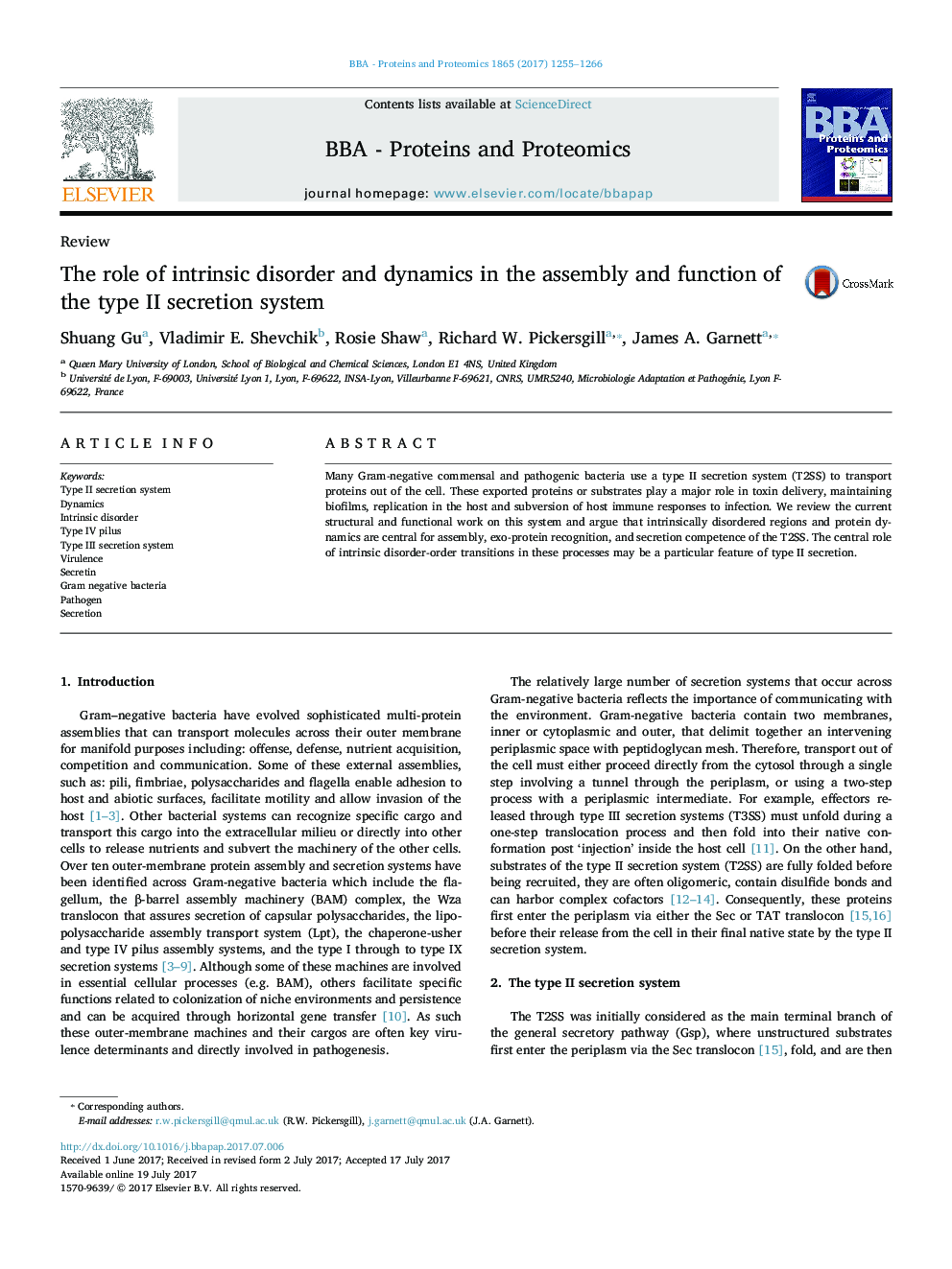 The role of intrinsic disorder and dynamics in the assembly and function of the type II secretion system