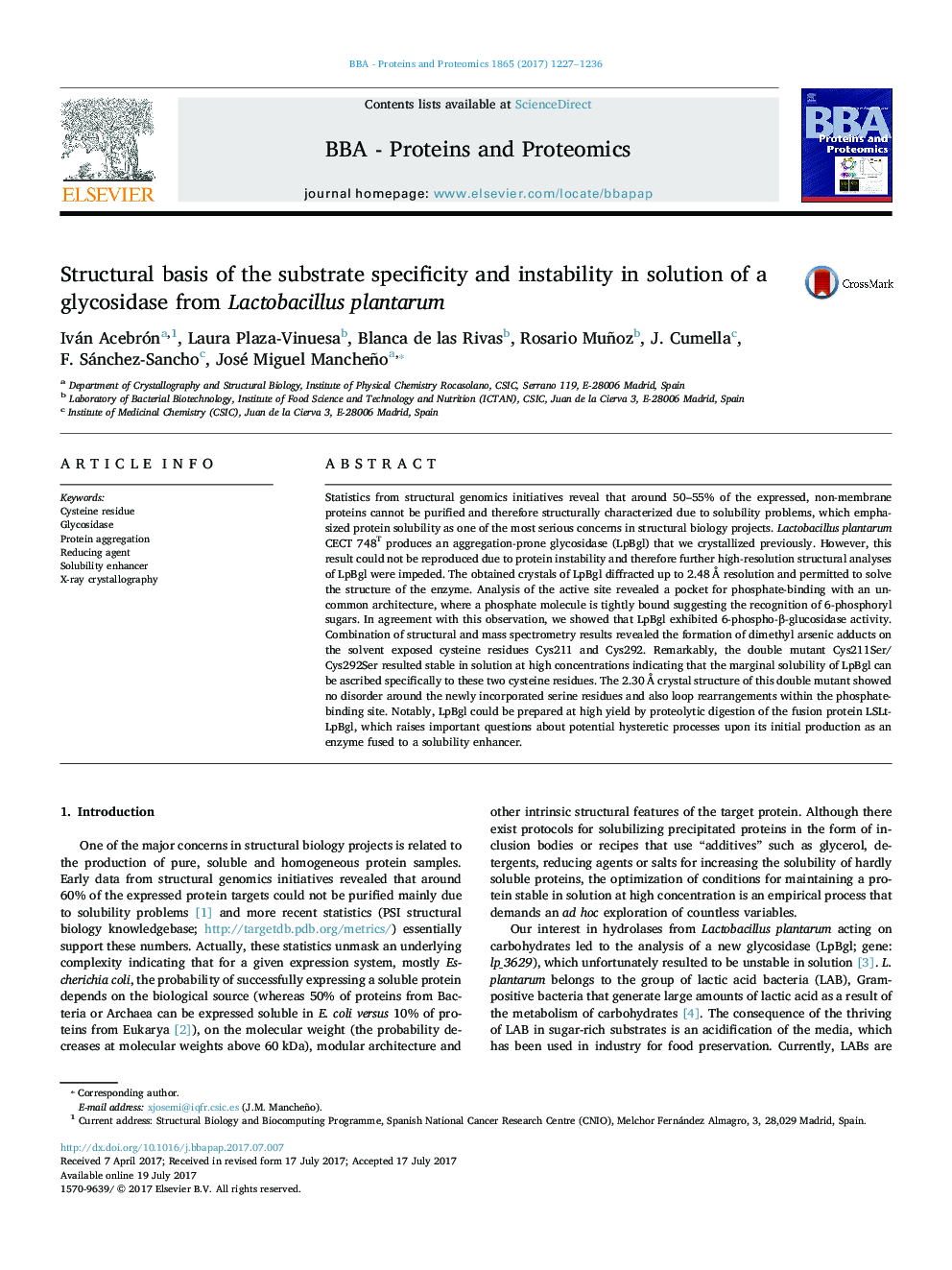 Structural basis of the substrate specificity and instability in solution of a glycosidase from Lactobacillus plantarum