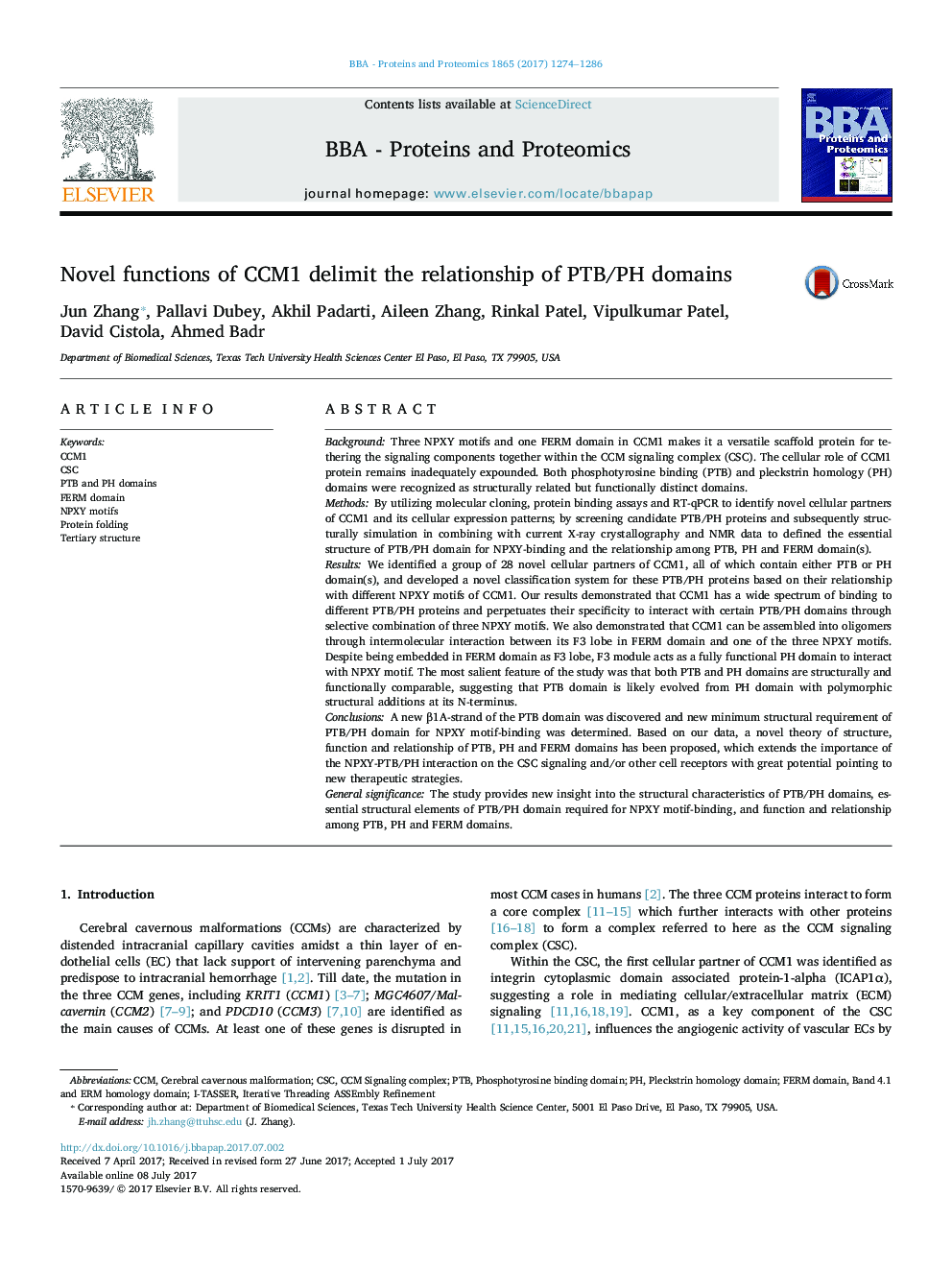 Novel functions of CCM1 delimit the relationship of PTB/PH domains