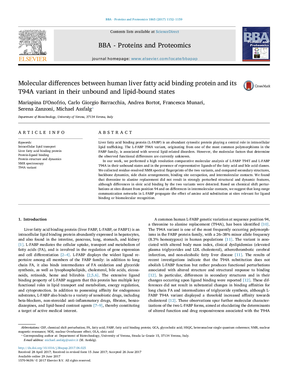 Molecular differences between human liver fatty acid binding protein and its T94A variant in their unbound and lipid-bound states