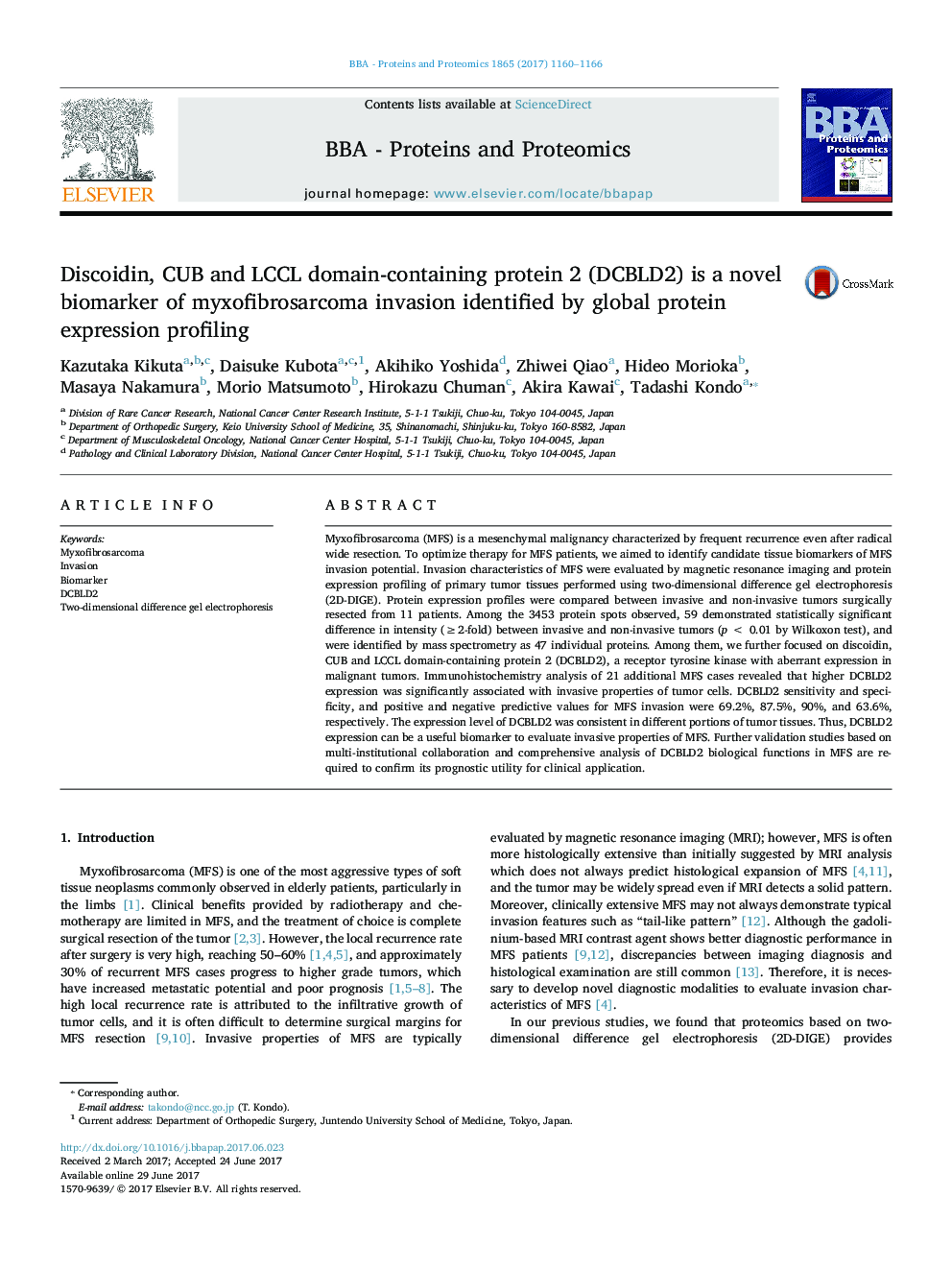 Discoidin, CUB and LCCL domain-containing protein 2 (DCBLD2) is a novel biomarker of myxofibrosarcoma invasion identified by global protein expression profiling