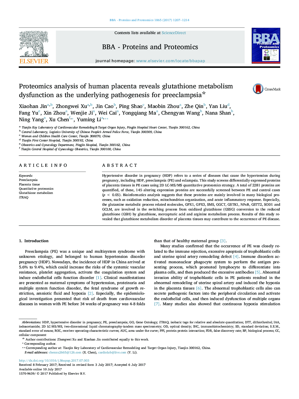 Proteomics analysis of human placenta reveals glutathione metabolism dysfunction as the underlying pathogenesis for preeclampsia