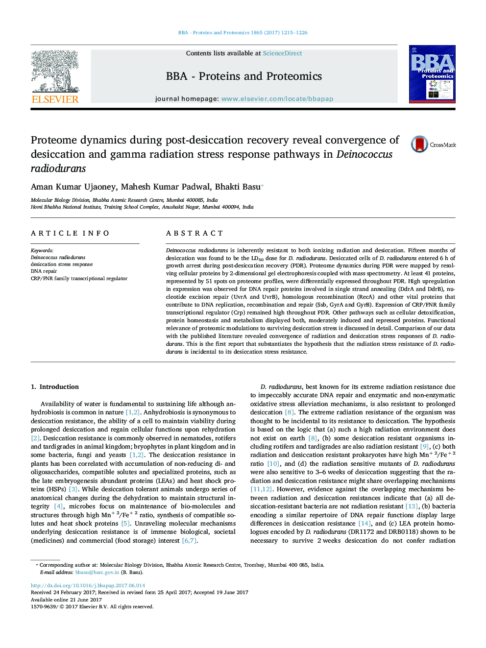 Proteome dynamics during post-desiccation recovery reveal convergence of desiccation and gamma radiation stress response pathways in Deinococcus radiodurans