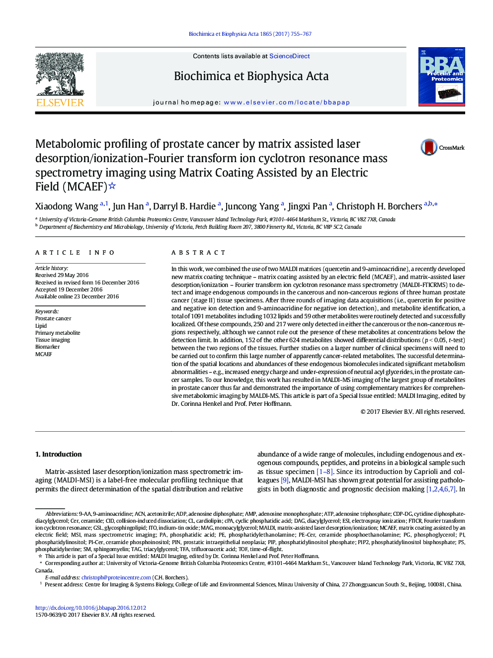Metabolomic profiling of prostate cancer by matrix assisted laser desorption/ionization-Fourier transform ion cyclotron resonance mass spectrometry imaging using Matrix Coating Assisted by an Electric Field (MCAEF)