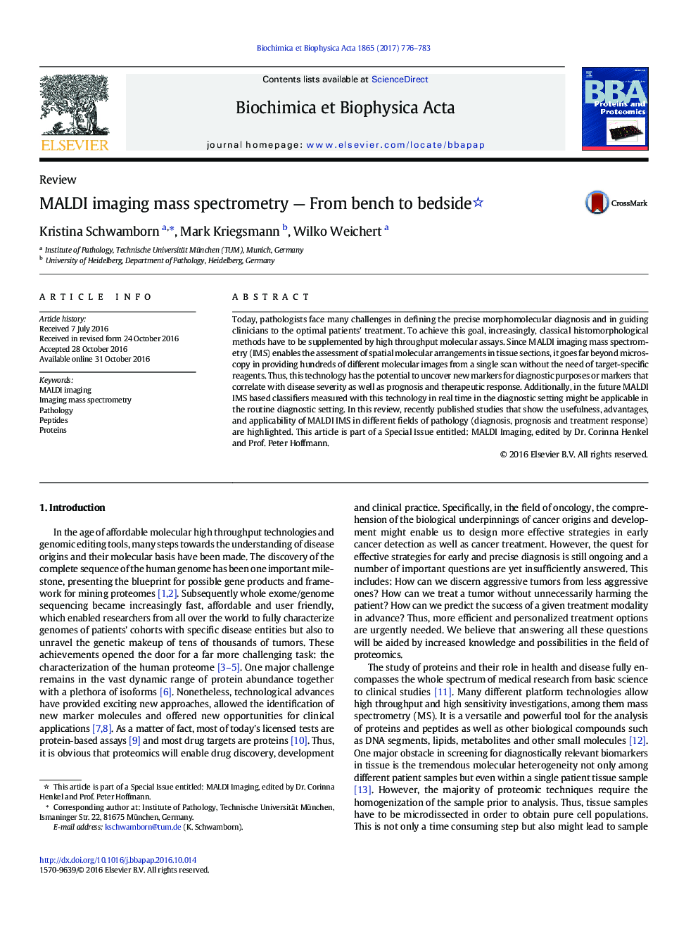 MALDI imaging mass spectrometry - From bench to bedside