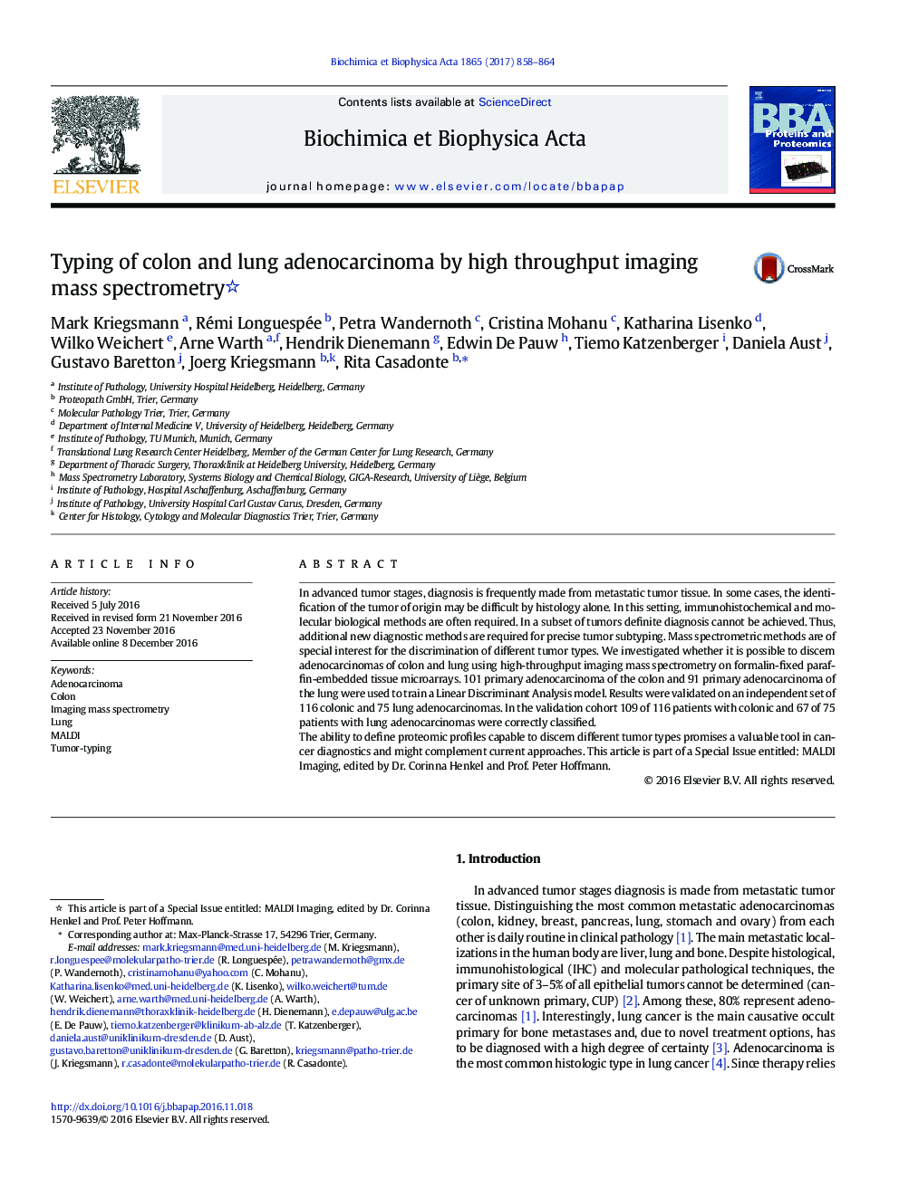 Typing of colon and lung adenocarcinoma by high throughput imaging mass spectrometry