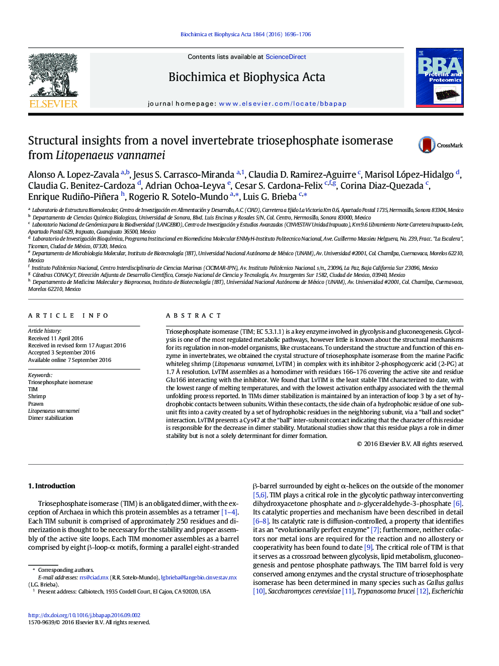 Structural insights from a novel invertebrate triosephosphate isomerase from Litopenaeus vannamei