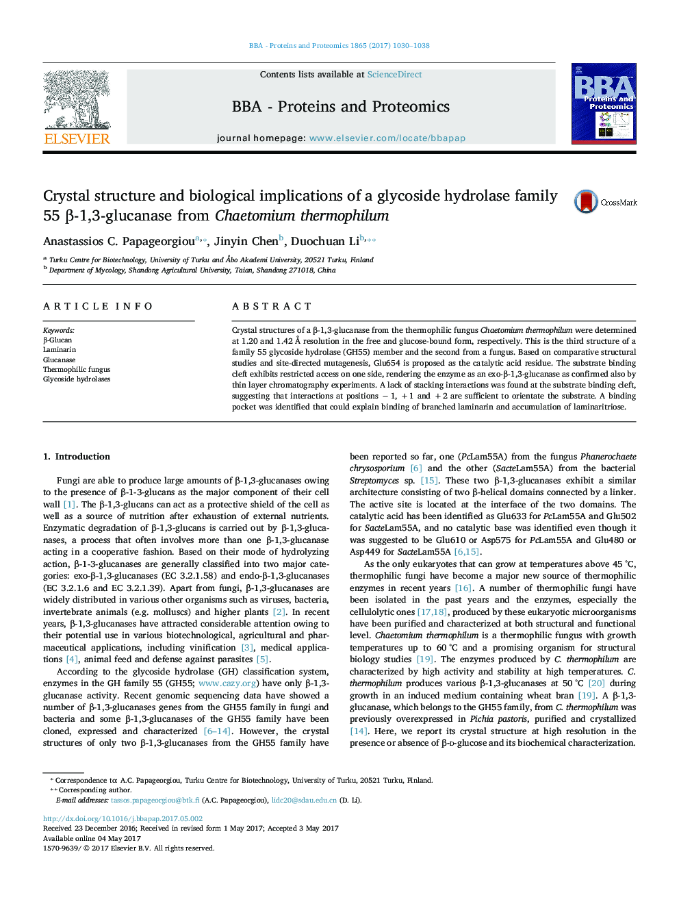 Crystal structure and biological implications of a glycoside hydrolase family 55 Î²-1,3-glucanase from Chaetomium thermophilum