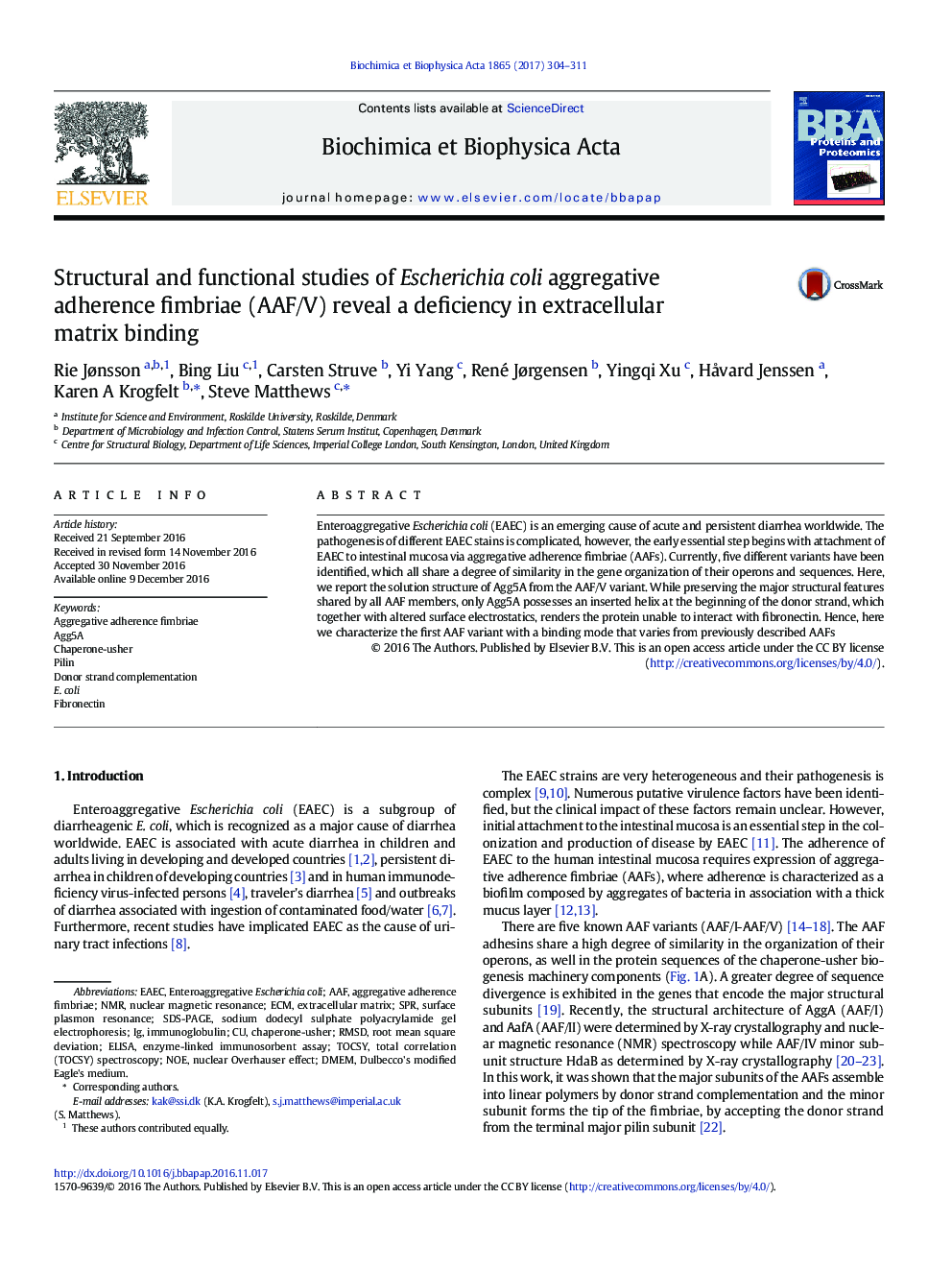 Structural and functional studies of Escherichia coli aggregative adherence fimbriae (AAF/V) reveal a deficiency in extracellular matrix binding