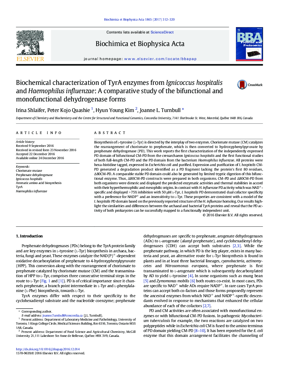 Biochemical characterization of TyrA enzymes from Ignicoccus hospitalis and Haemophilus influenzae: A comparative study of the bifunctional and monofunctional dehydrogenase forms