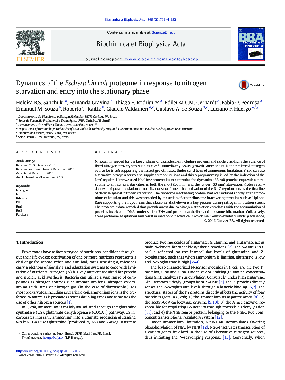 Dynamics of the Escherichia coli proteome in response to nitrogen starvation and entry into the stationary phase