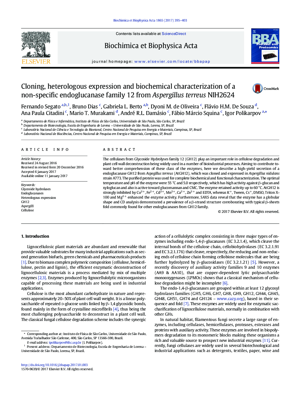 Cloning, heterologous expression and biochemical characterization of a non-specific endoglucanase family 12 from Aspergillus terreus NIH2624