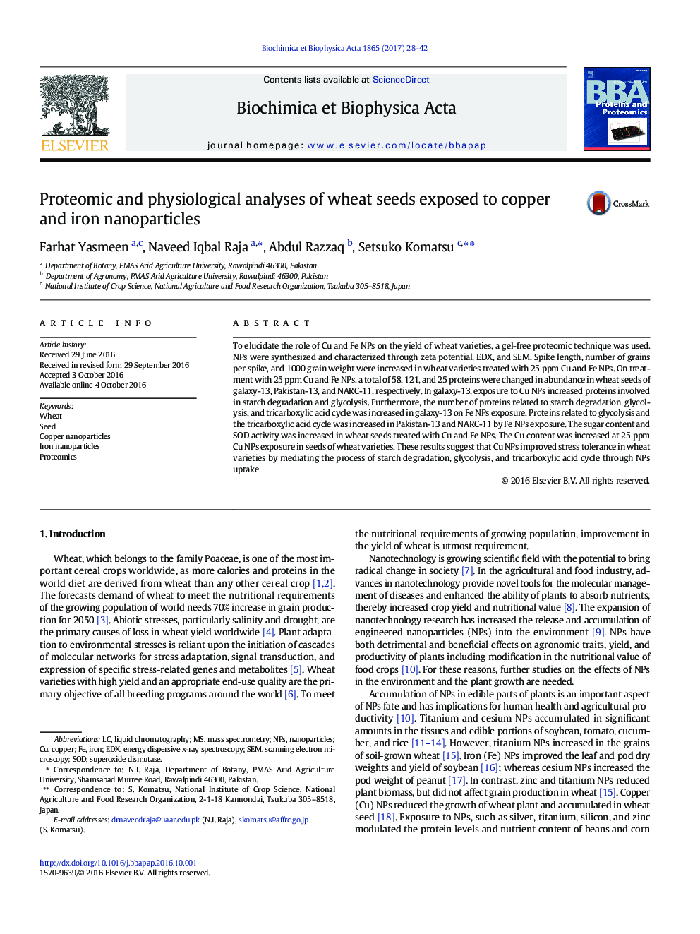 Proteomic and physiological analyses of wheat seeds exposed to copper and iron nanoparticles