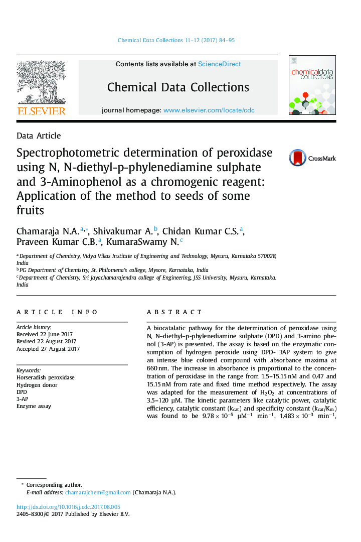 Spectrophotometric determination of peroxidase using N, N-diethyl-p-phylenediamine sulphate and 3-Aminophenol as a chromogenic reagent: Application of the method to seeds of some fruits