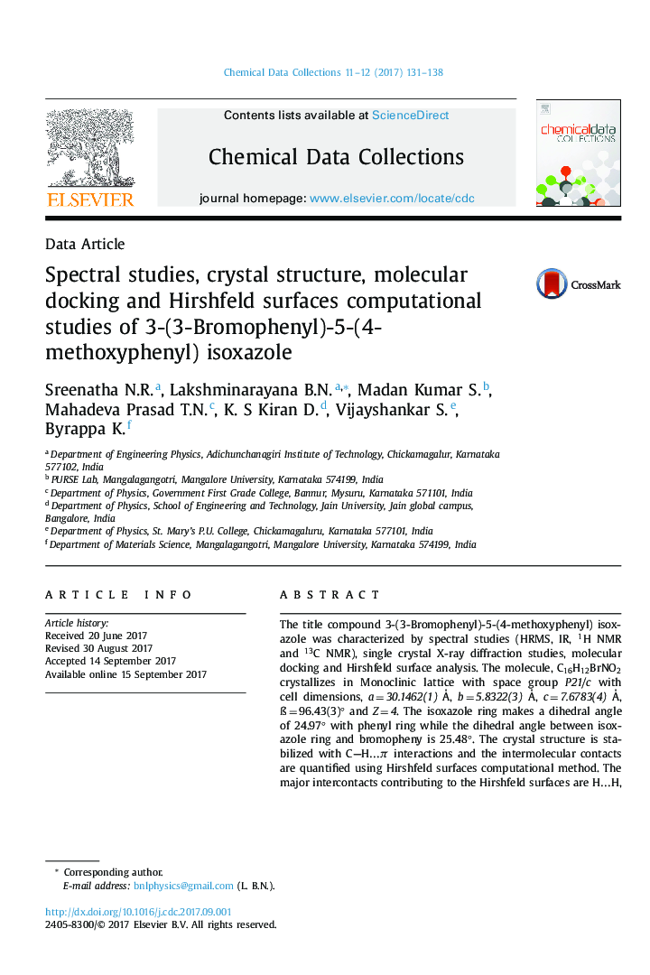 Spectral studies, crystal structure, molecular docking and Hirshfeld surfaces computational studies of 3-(3-Bromophenyl)-5-(4- methoxyphenyl) isoxazole