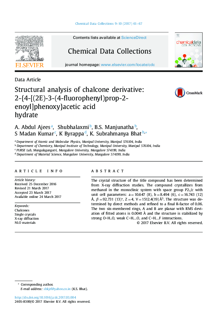 Structural analysis of chalcone derivative: 2â{4â[(2E)â3â(4âfluorophenyl)propâ2âenoyl]phenoxy}acetic acid hydrate