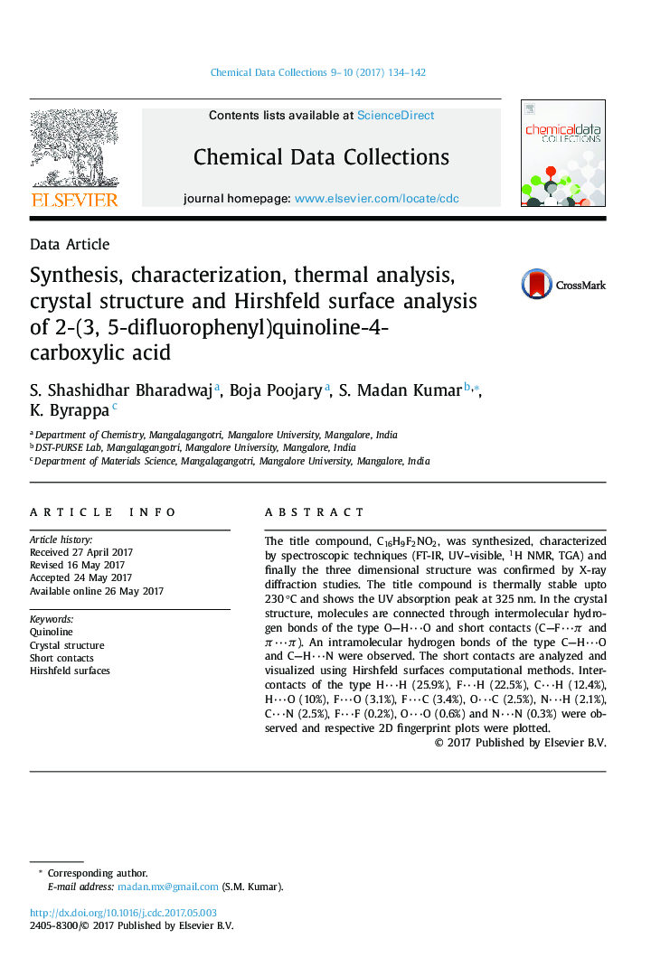 Synthesis, characterization, thermal analysis, crystal structure and Hirshfeld surface analysis of 2-(3, 5-difluorophenyl)quinoline-4-carboxylic acid