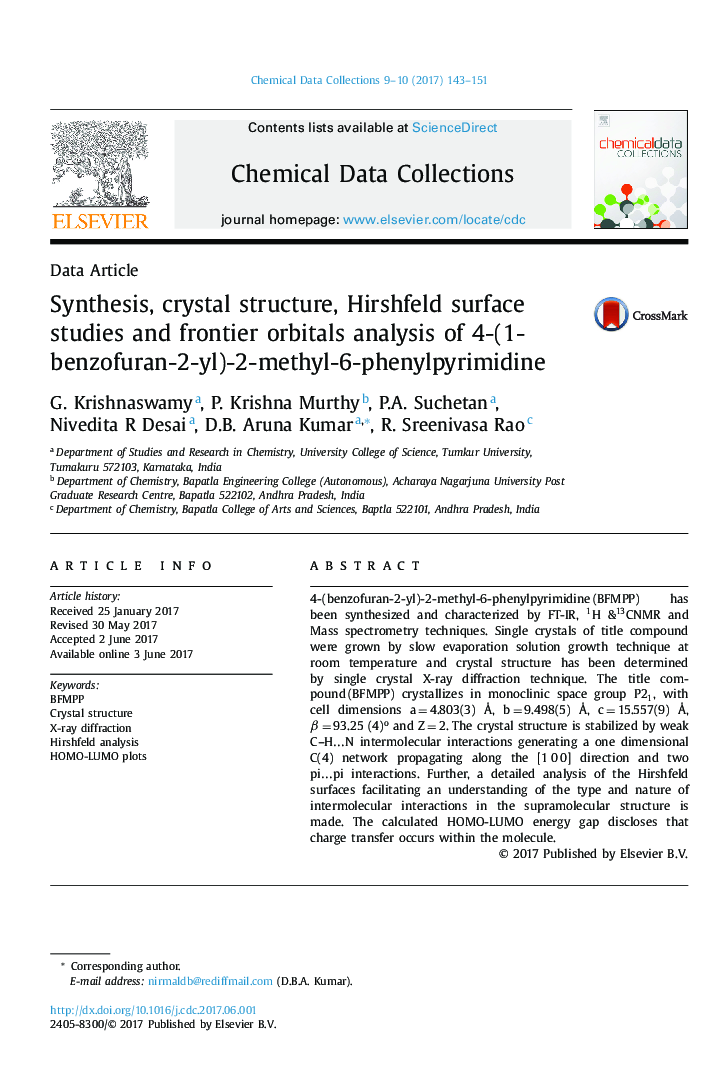 Synthesis, crystal structure, Hirshfeld surface studies and frontier orbitals analysis of 4-(1-benzofuran-2-yl)-2-methyl-6-phenylpyrimidine