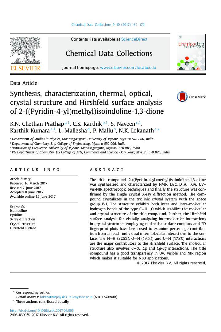 Synthesis, characterization, thermal, optical, crystal structure and Hirshfeld surface analysis of 2-((Pyridin-4-yl)methyl)isoindoline-1,3-dione