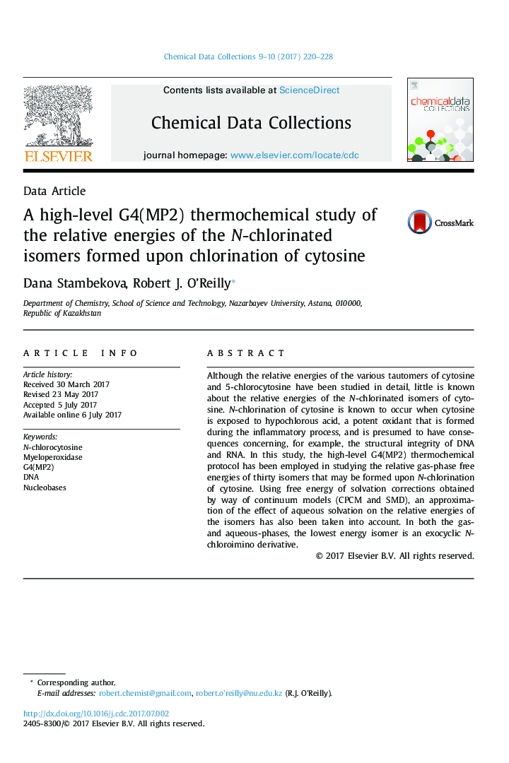 A high-level G4(MP2) thermochemical study of the relative energies of the N-chlorinated isomers formed upon chlorination of cytosine