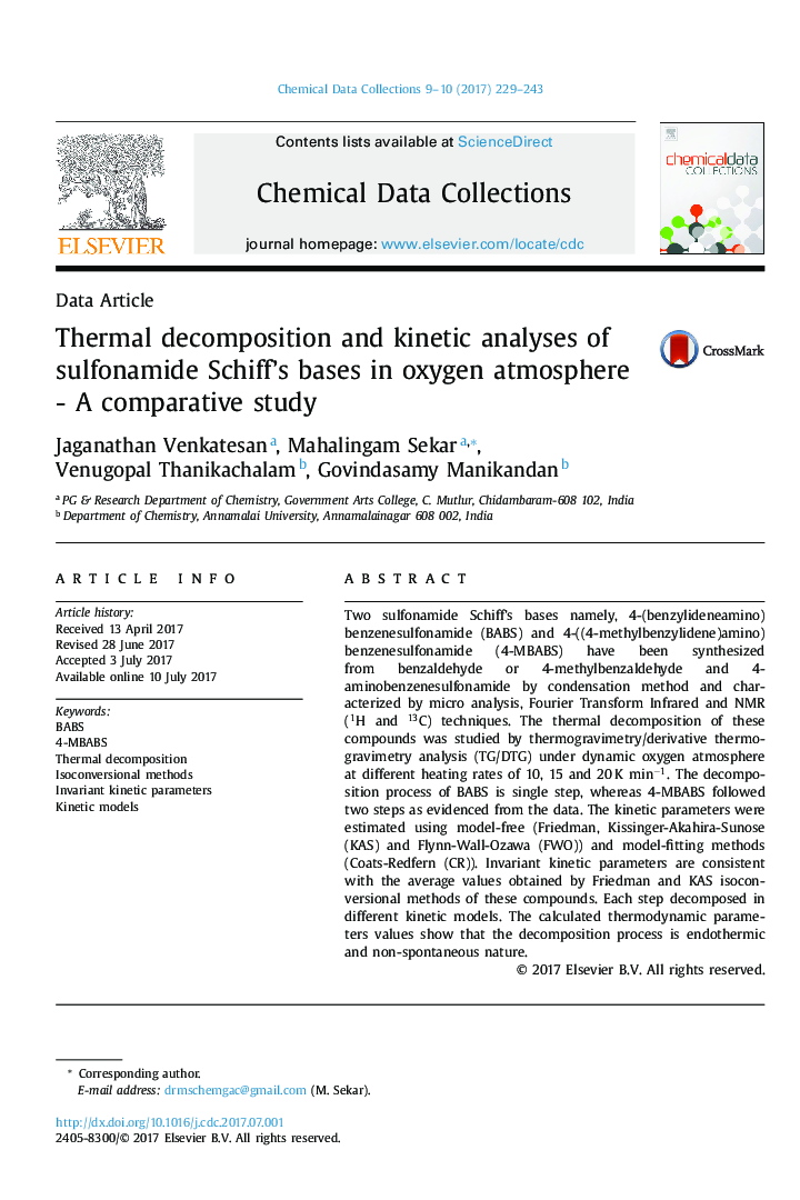 Thermal decomposition and kinetic analyses of sulfonamide Schiff's bases in oxygen atmosphere - A comparative study