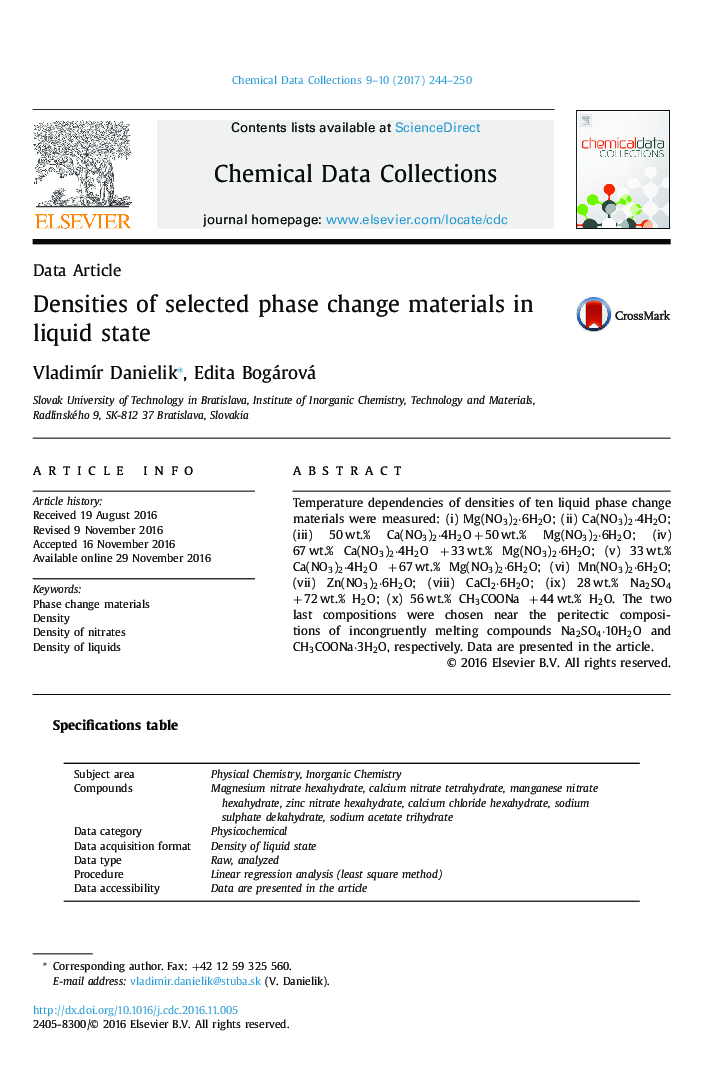 Densities of selected phase change materials in liquid state