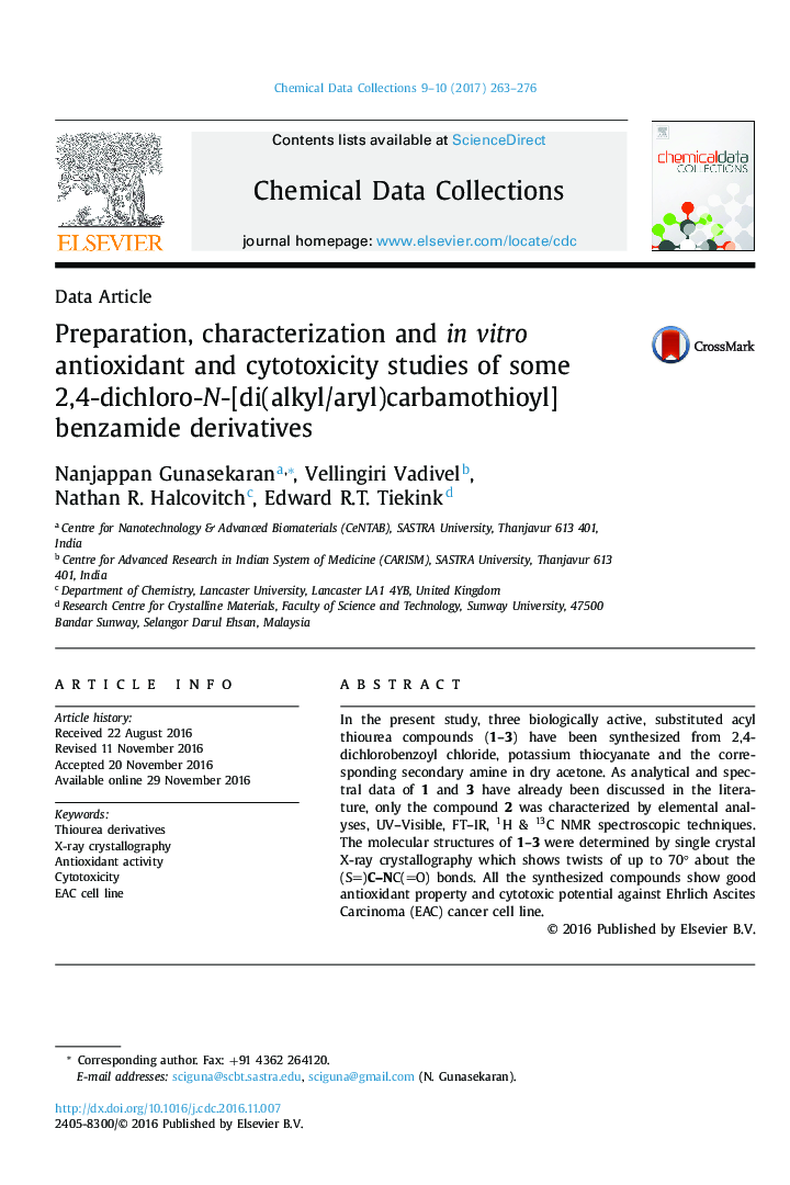 Preparation, characterization and in vitro antioxidant and cytotoxicity studies of some 2,4-dichloro-N-[di(alkyl/aryl)carbamothioyl] benzamide derivatives