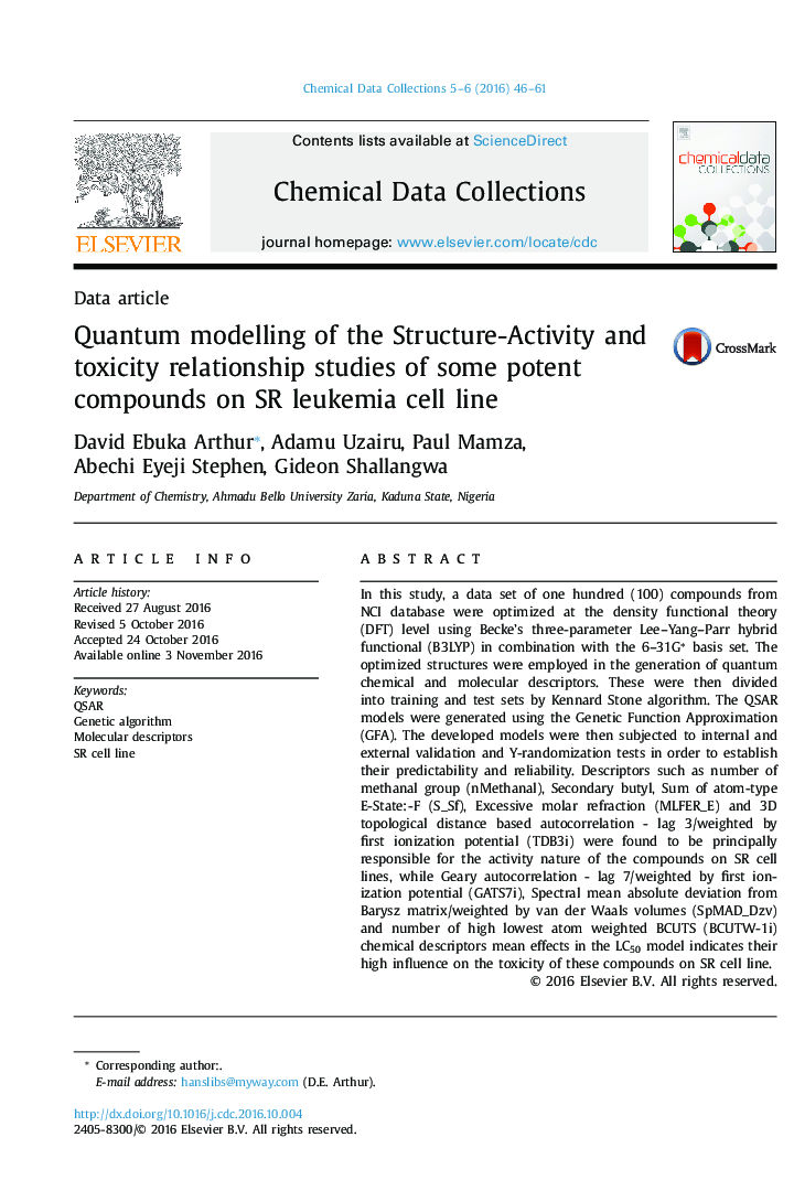 Quantum modelling of the Structure-Activity and toxicity relationship studies of some potent compounds on SR leukemia cell line