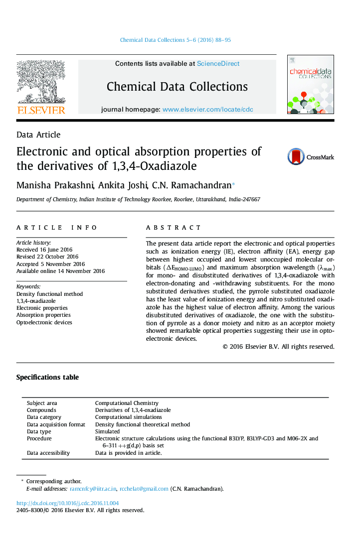 Electronic and optical absorption properties of the derivatives of 1,3,4-Oxadiazole
