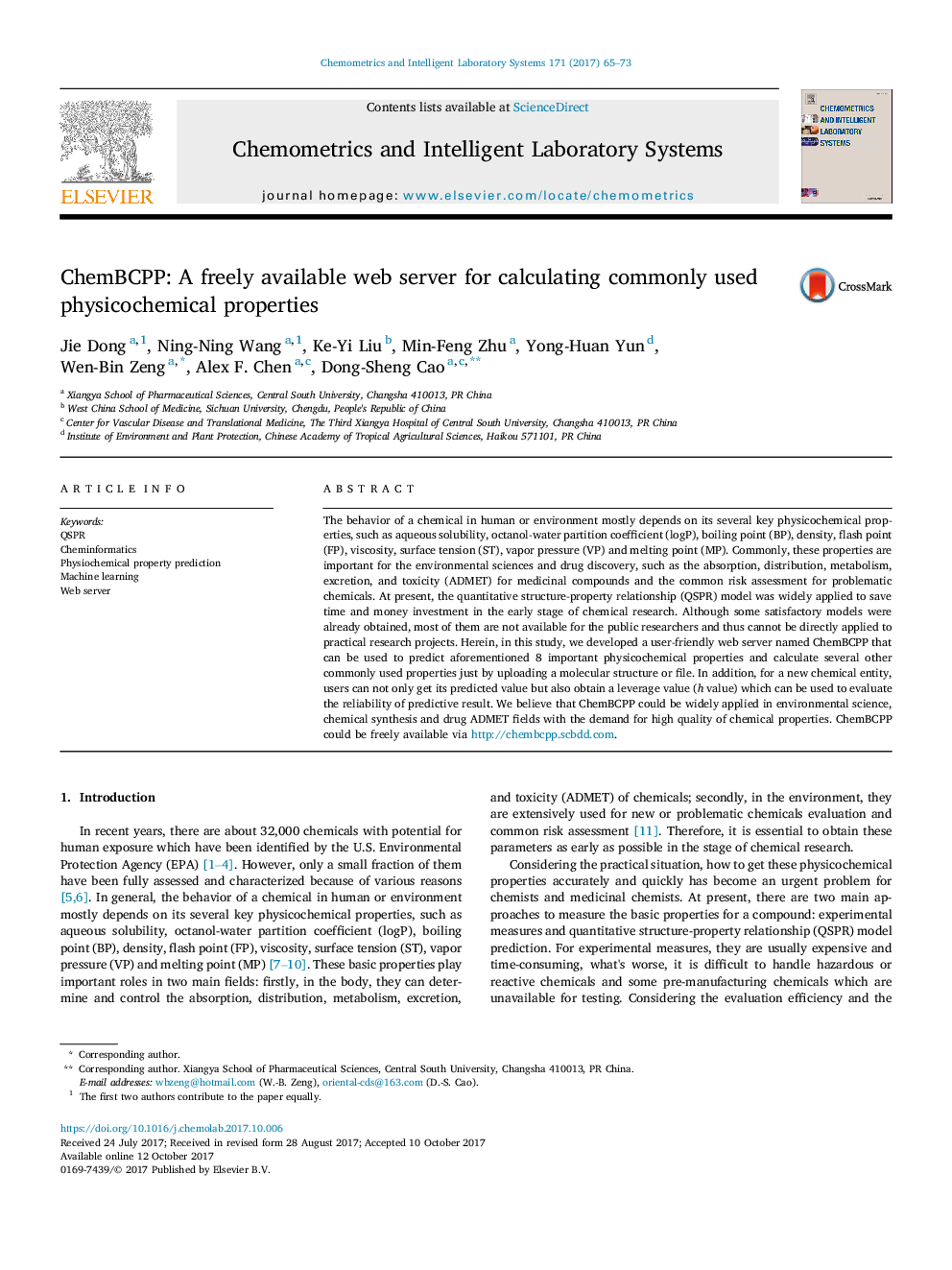 ChemBCPP: A freely available web server for calculating commonly used physicochemical properties