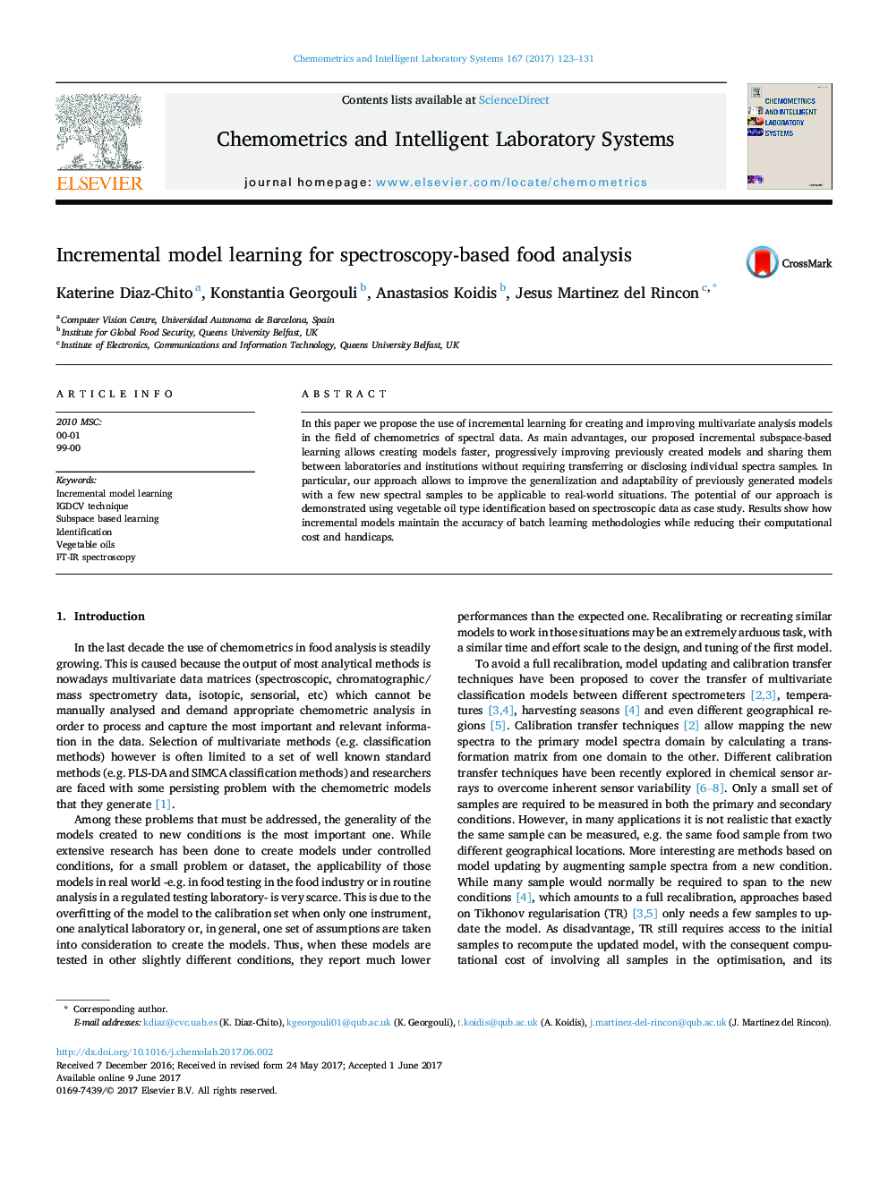 Incremental model learning for spectroscopy-based food analysis