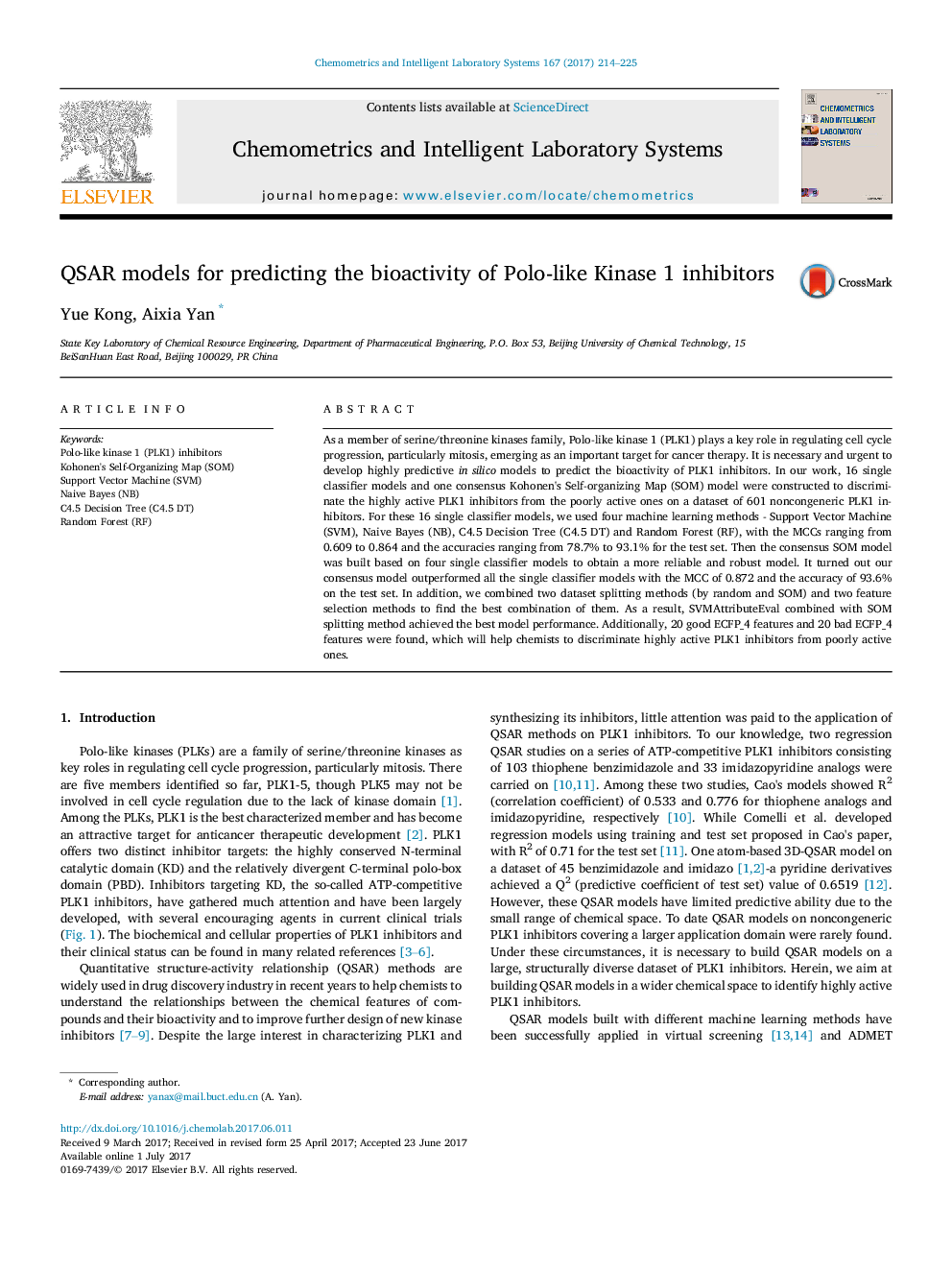 QSAR models for predicting the bioactivity of Polo-like Kinase 1 inhibitors