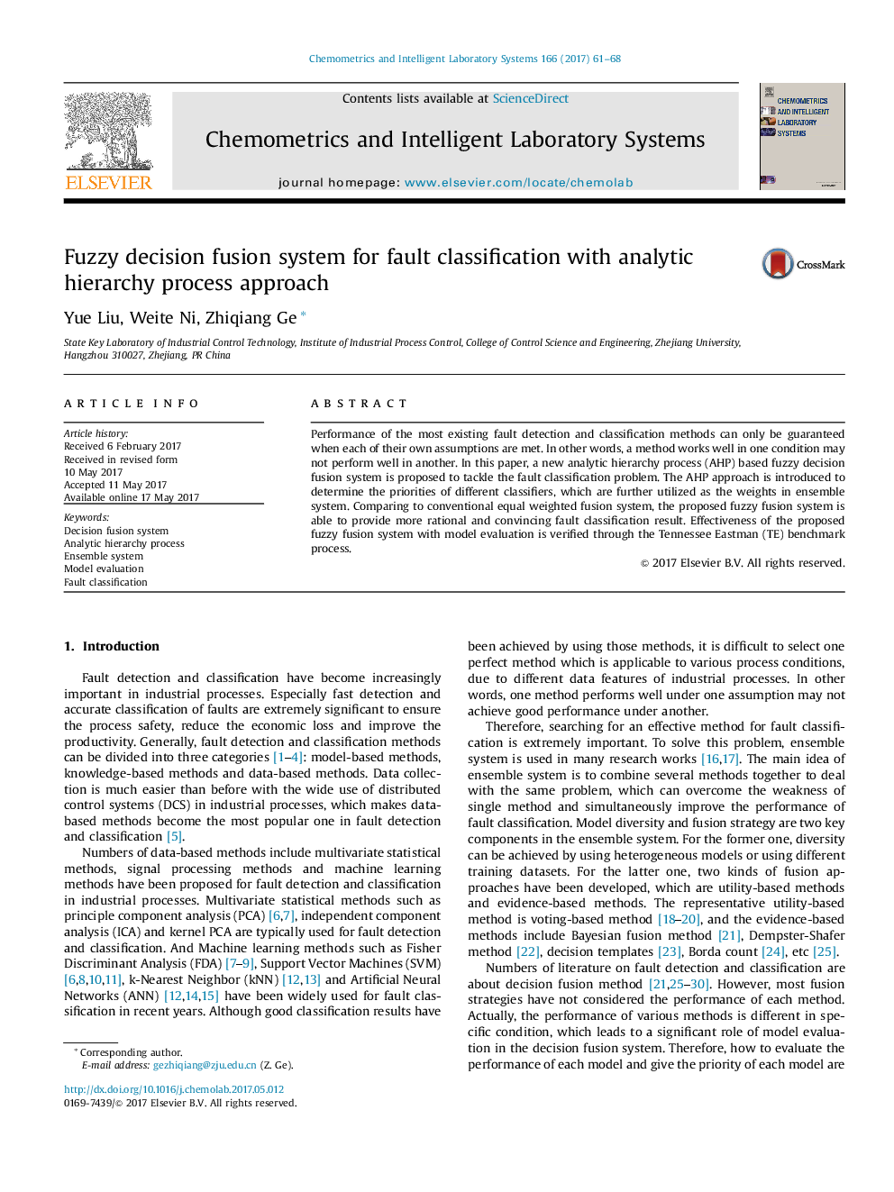 Fuzzy decision fusion system for fault classification with analytic hierarchy process approach